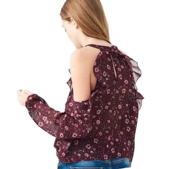 Aeropostale Floral Cold Shoulder Ruffle Blouse Long Sleeve Top Maroon‎ M - Picture 2 of 8